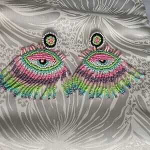 IN Evil Eye Colorful Pastel Beaded Chandelier Fringe Earrings Large Statement 3”